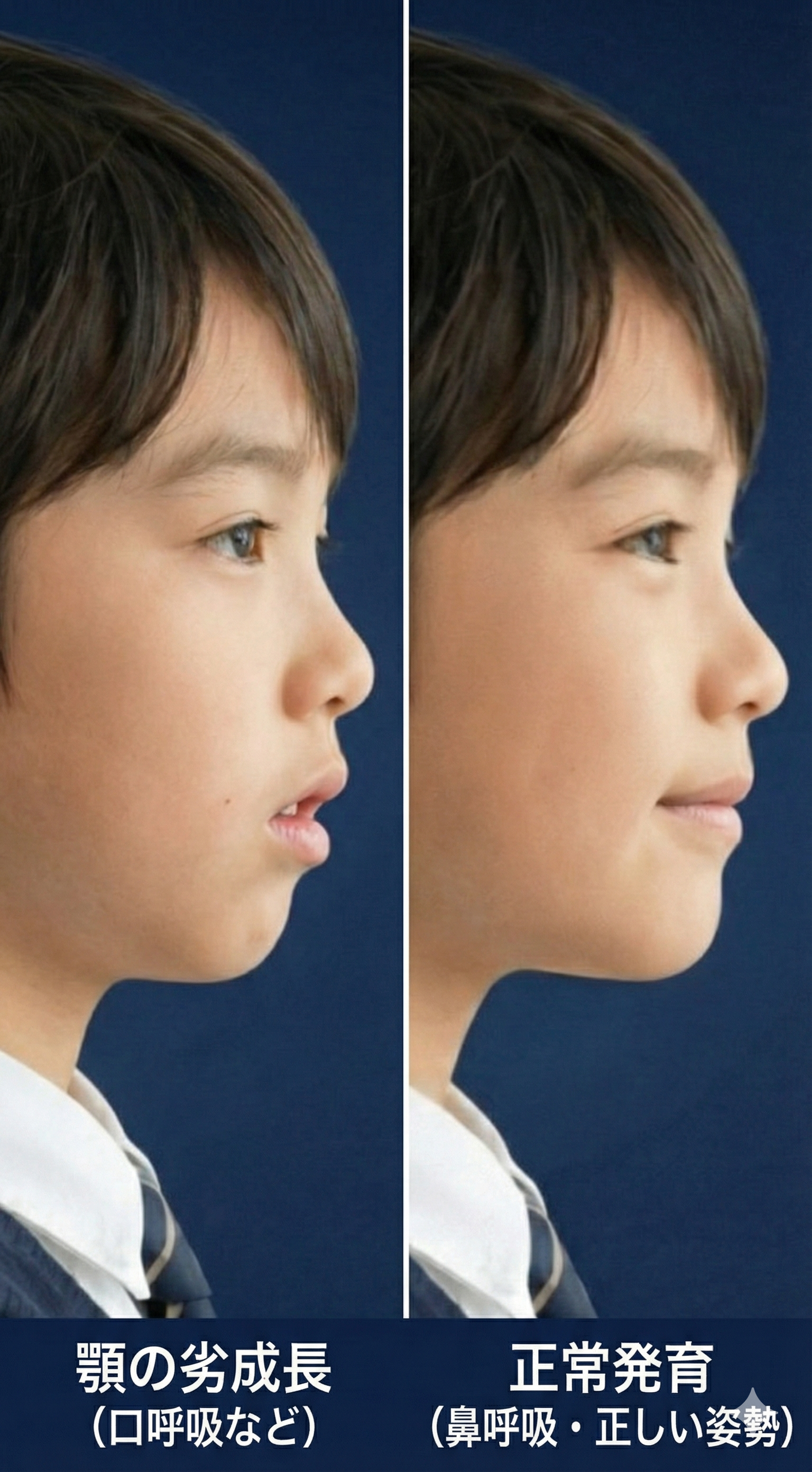 顎の劣成長（口呼吸など）と正常発育（鼻呼吸・正しい姿勢）の横顔比較